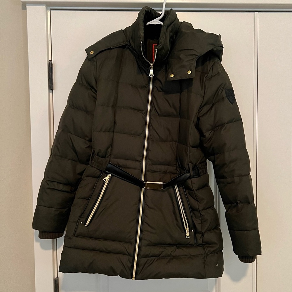 Vince Camuto Long Belted Puffer Coat with Hood